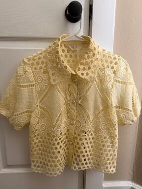 L.E.I. Yellow Crochet Button-Down Shirt